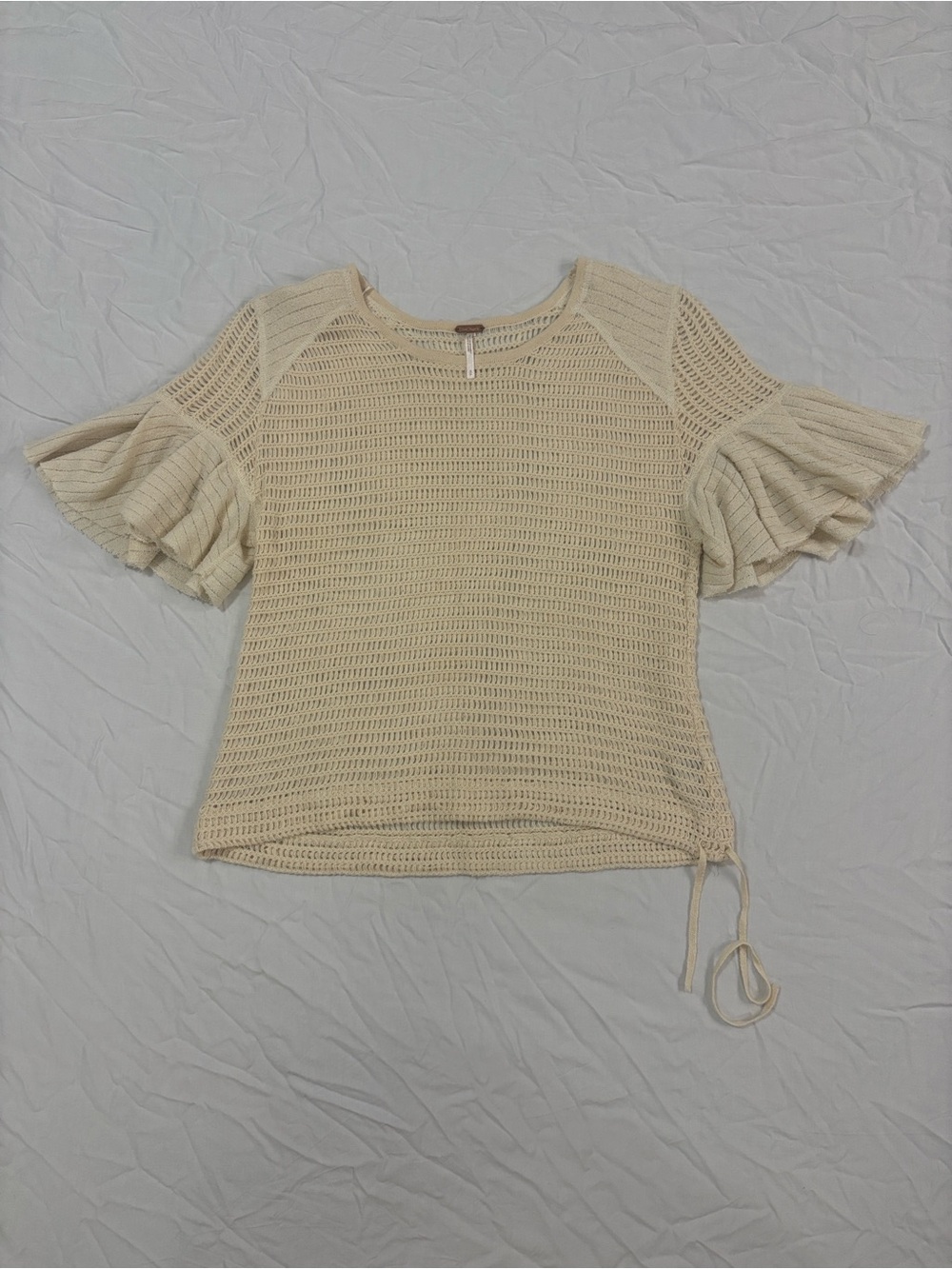 Free People Cream Crochet Ruffle-Sleeve Top